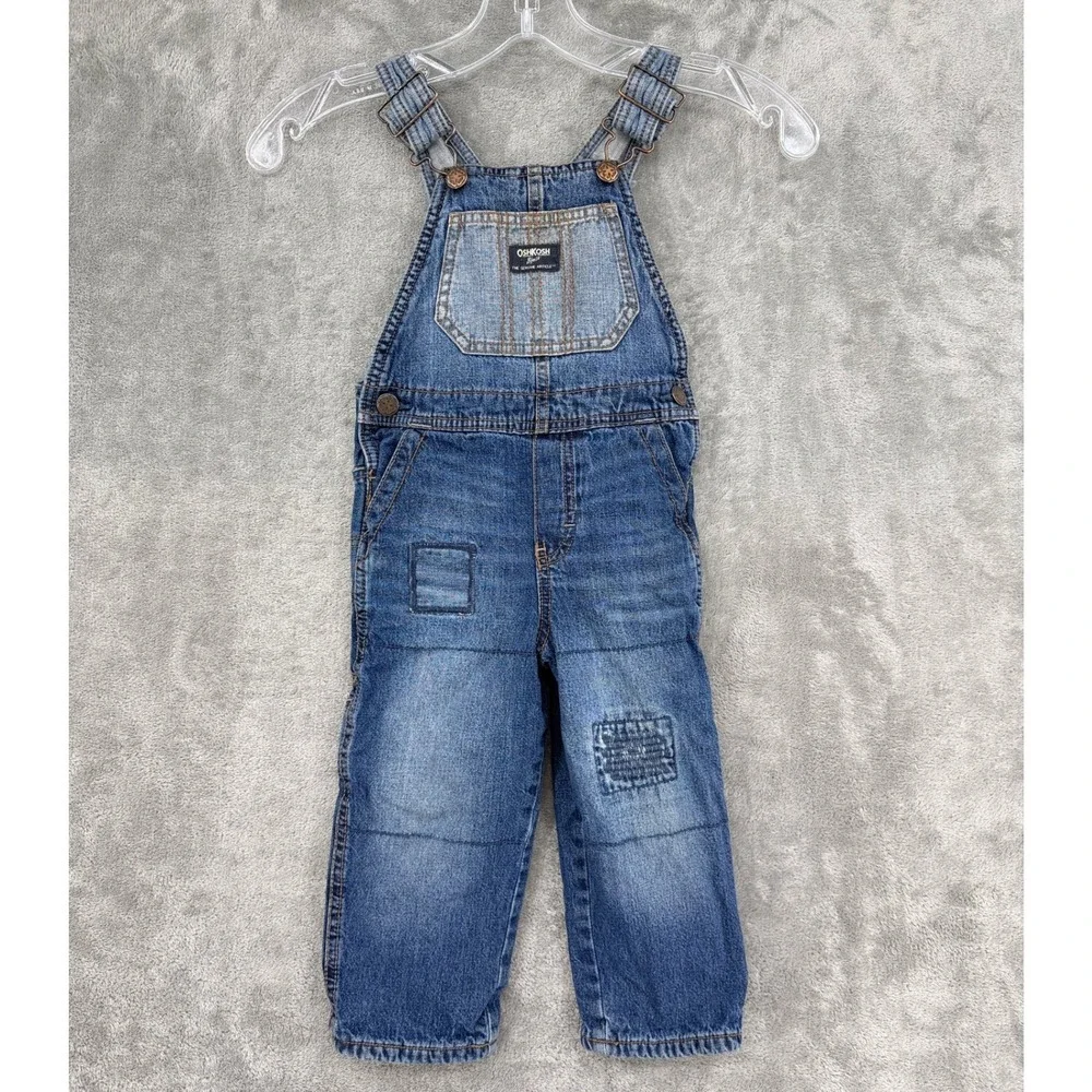 Vintage OshKosh Overalls Toddler Size 2T Flannel Lined Patchwork Denim Logo Blue